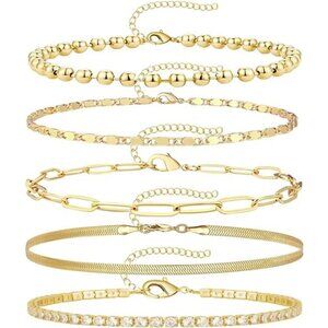 Anklet Bracelets for Women Waterproof Set 14K Gold Plated Anklet Bead Zircon